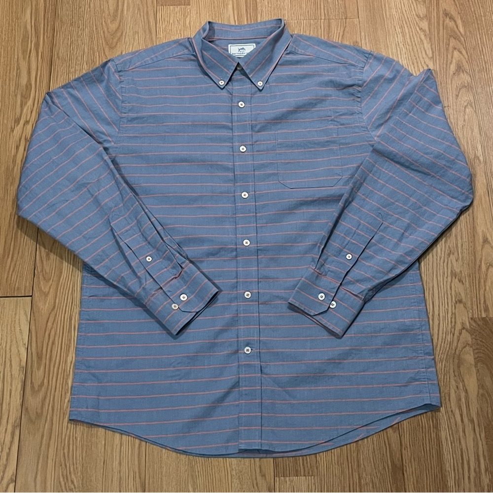 Southern Tide Men’s Large Long Sleeve Button Up Shirt Blue Striped Trim Fit